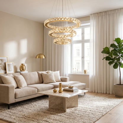 Three Ring Crystal Chandelier - Modern Cascading Light
