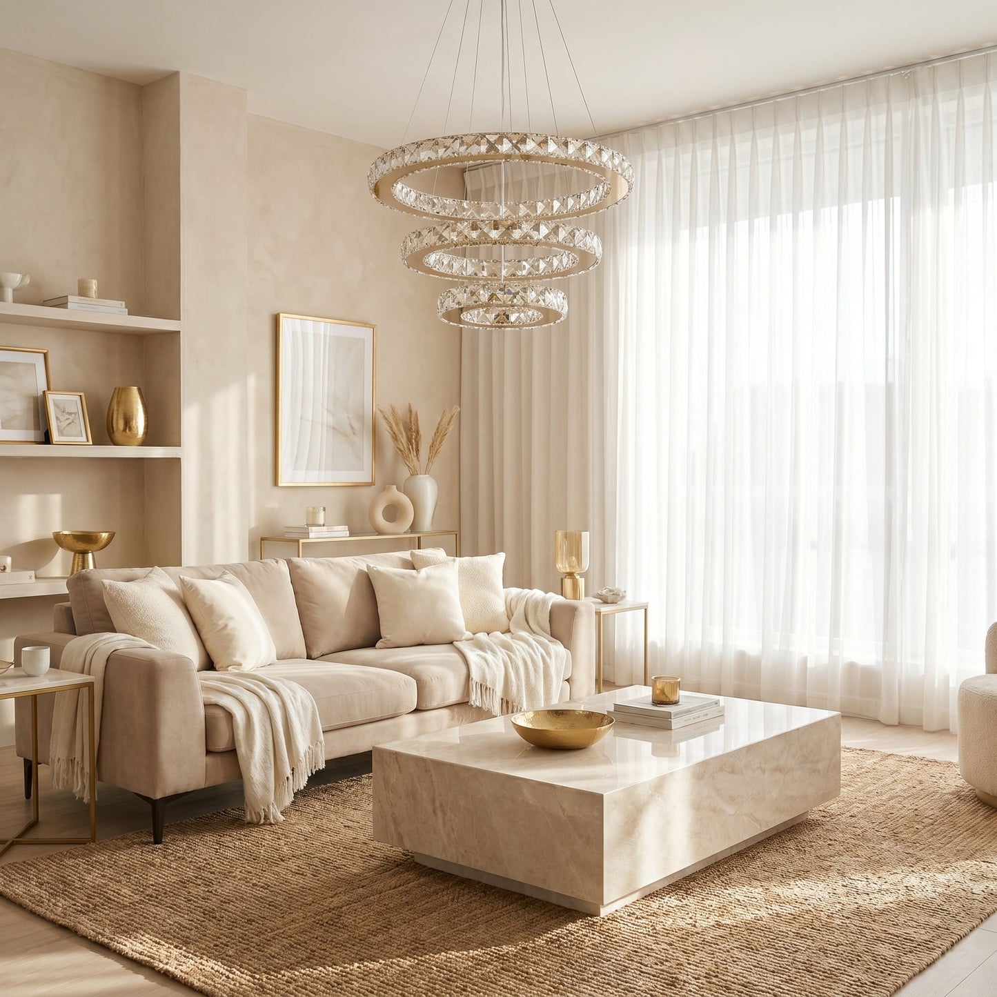 Three Ring Crystal Chandelier - Modern Cascading Light