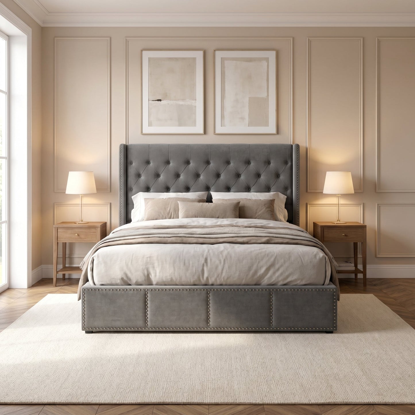 Lit 160x200cm adulte en velour gris - Veloria