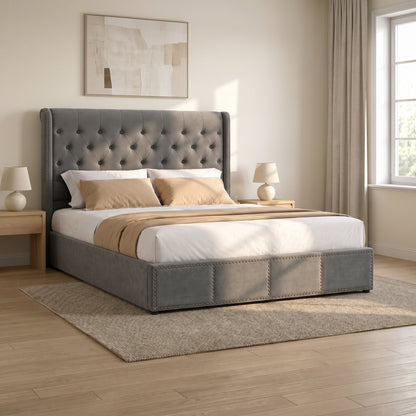 Lit 160x200cm adulte en velour gris - Veloria