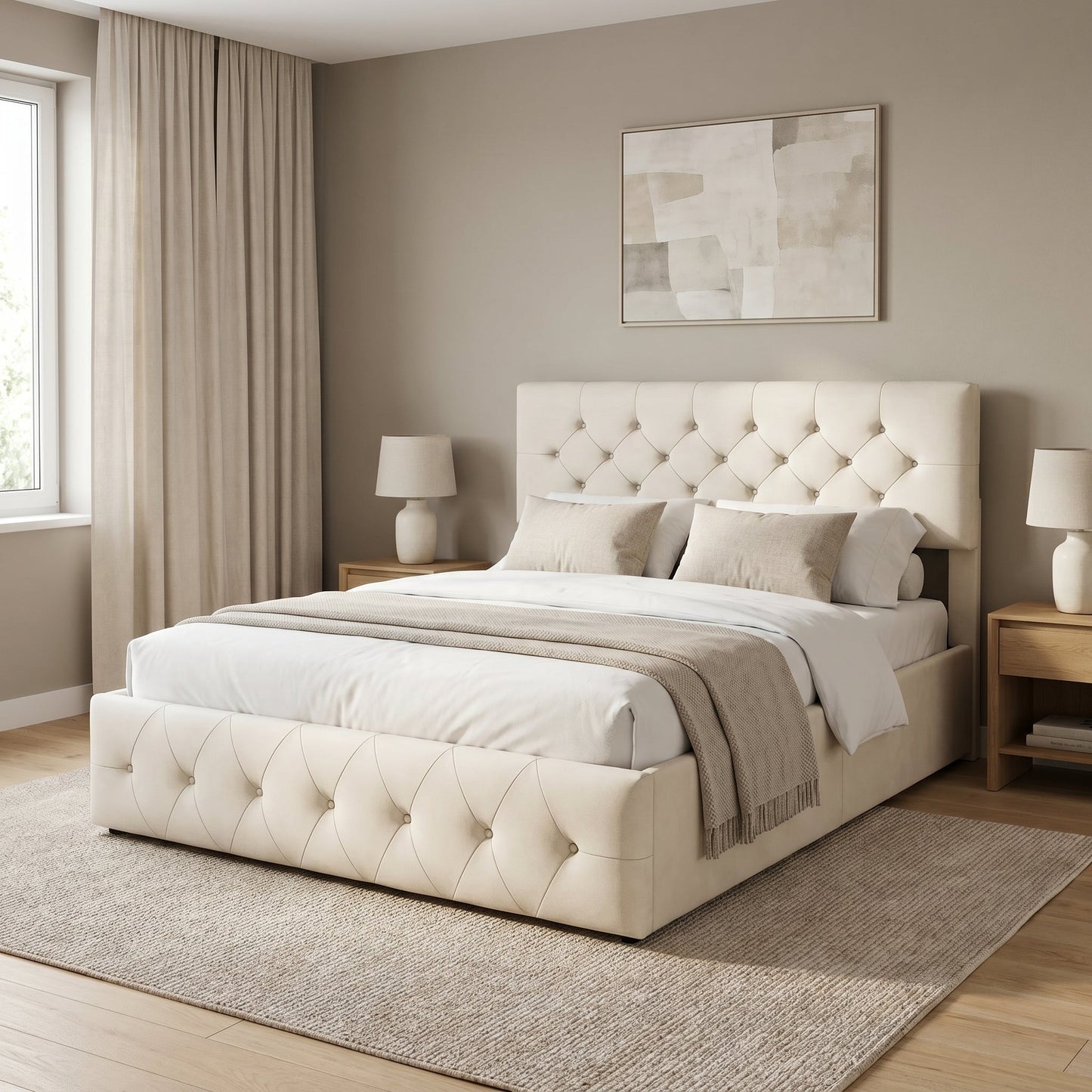 Lit 140x200cm adulte capitonné beige – Ivorélia