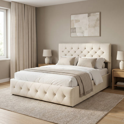 Lit 140x200cm adulte capitonné beige – Ivorélia