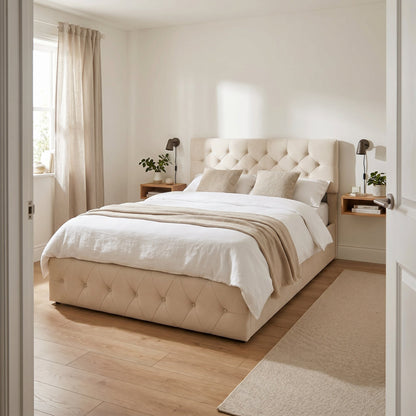 Lit 140x200cm adulte capitonné beige – Ivorélia
