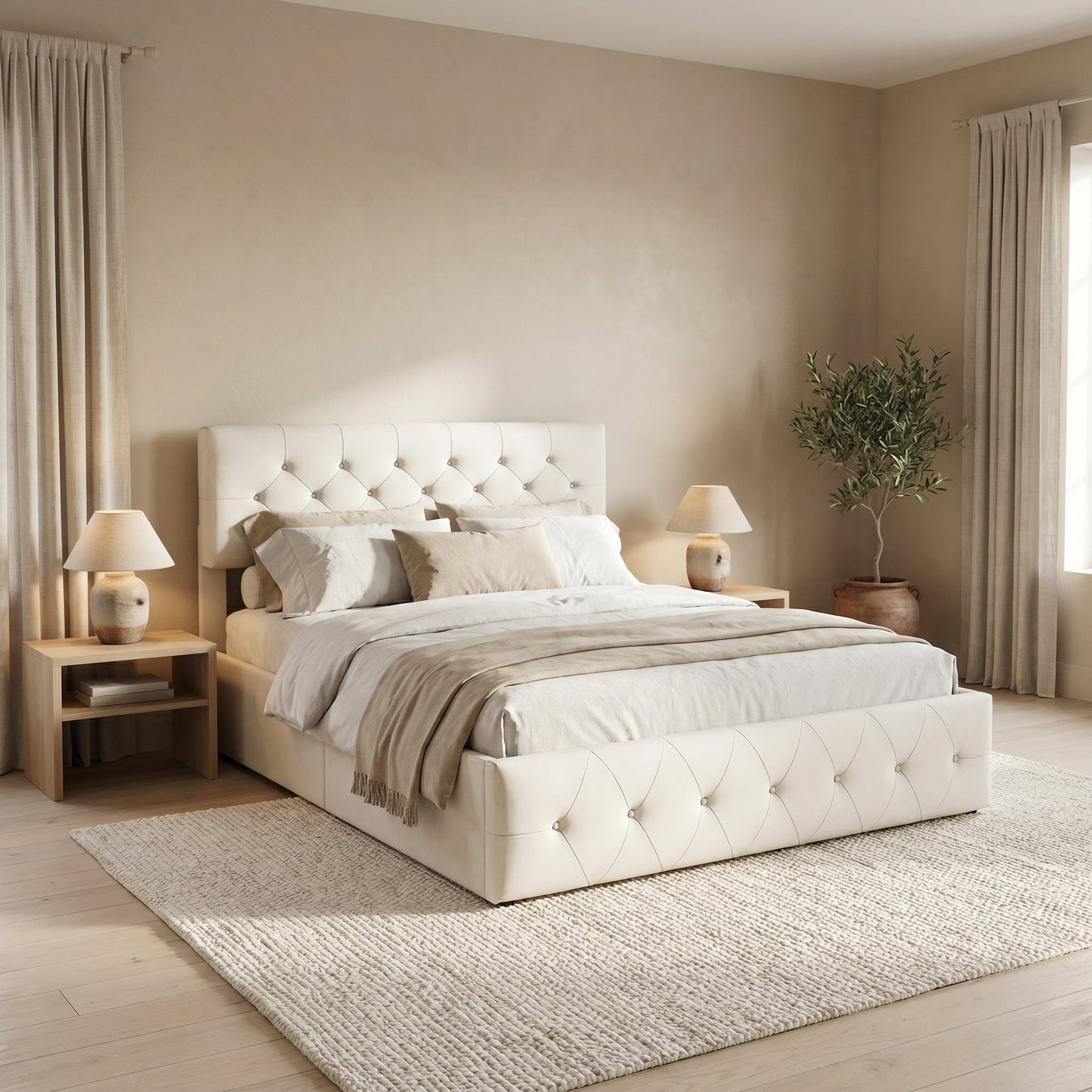 Lit 140x200cm adulte capitonné beige – Ivorélia