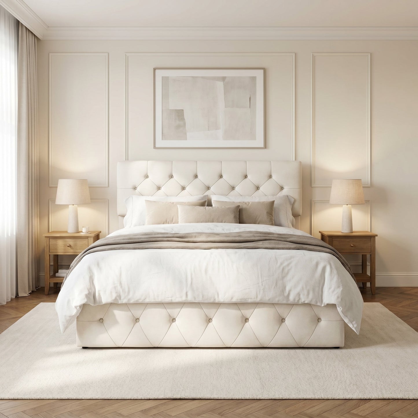 Lit 140x200cm adulte capitonné beige – Ivorélia