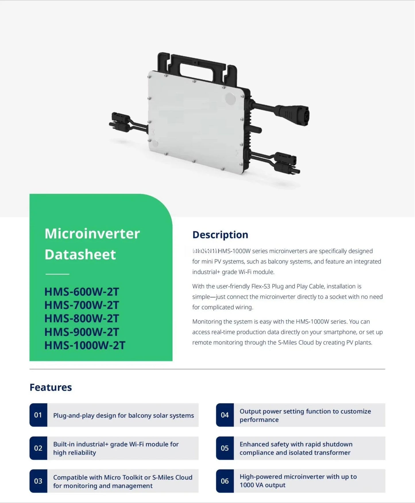 HMS-1000W-2T 1000w Single Phase Wi-Fi Integrated on Grid Microinverter
