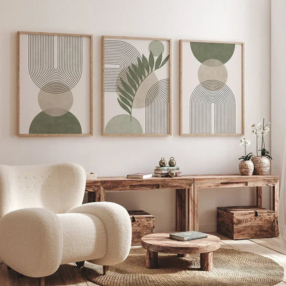 Tableau Arche Graphique Vert Sauge et Beige – Minimalisme Doux et Moderne