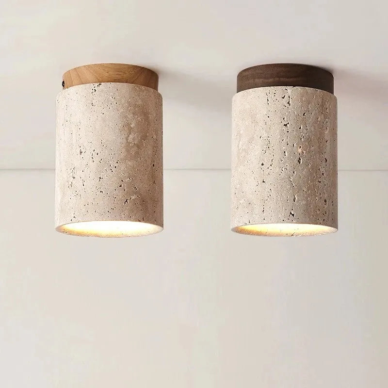 Plafonnier Cylindrique Moderne en Bois et Travertin - Travélis