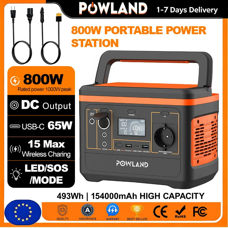 POWLAND – tragbarer Solargenerator 800W, mit AC-Steckdose, MPPT-Unterstützung, 100W Solarpanel, Lithiumbatterie für Camping im Freien