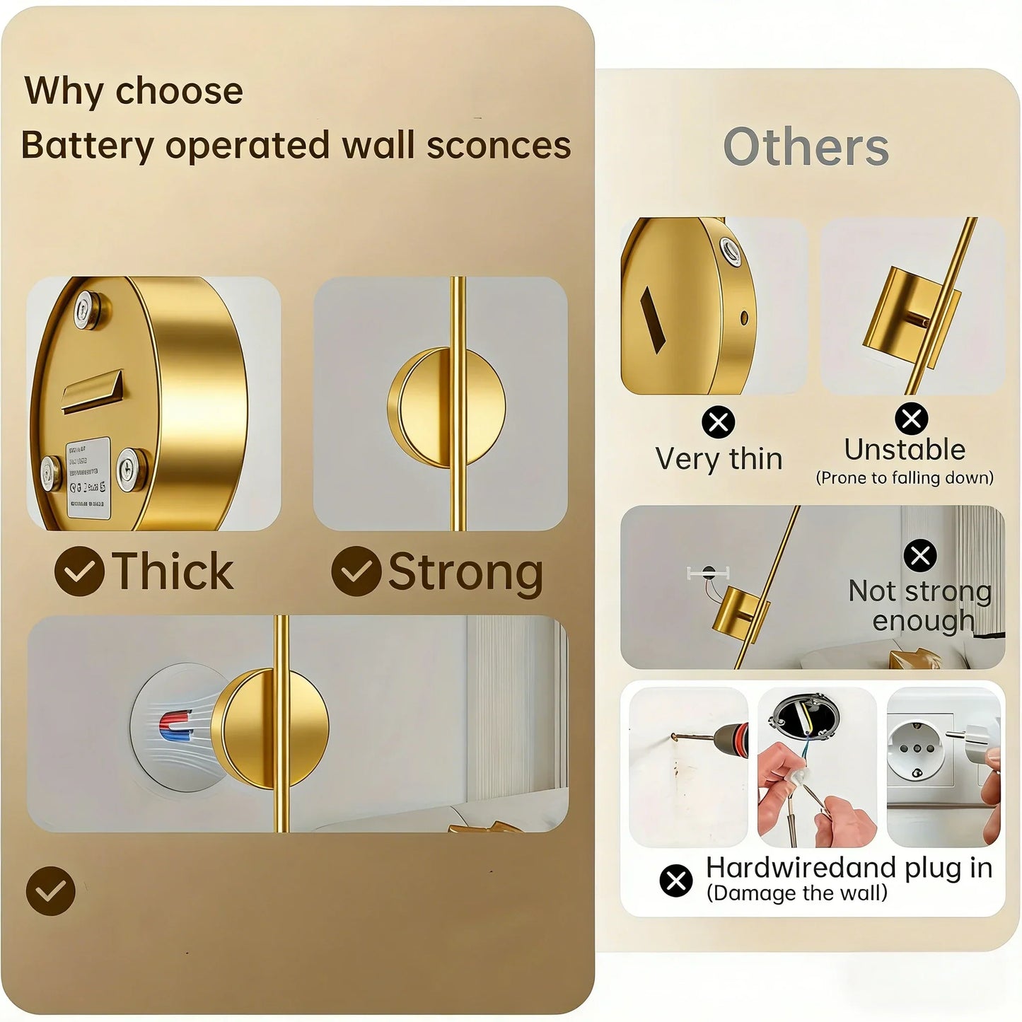 Battery Operated Wall Sconce Wireless LED Light 5v  with Remote Control USB Rechargeable Wall Lights for Bedroom Living Room