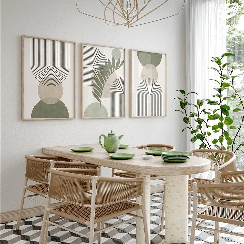 Tableau Arche Graphique Vert Sauge et Beige – Minimalisme Doux et Moderne