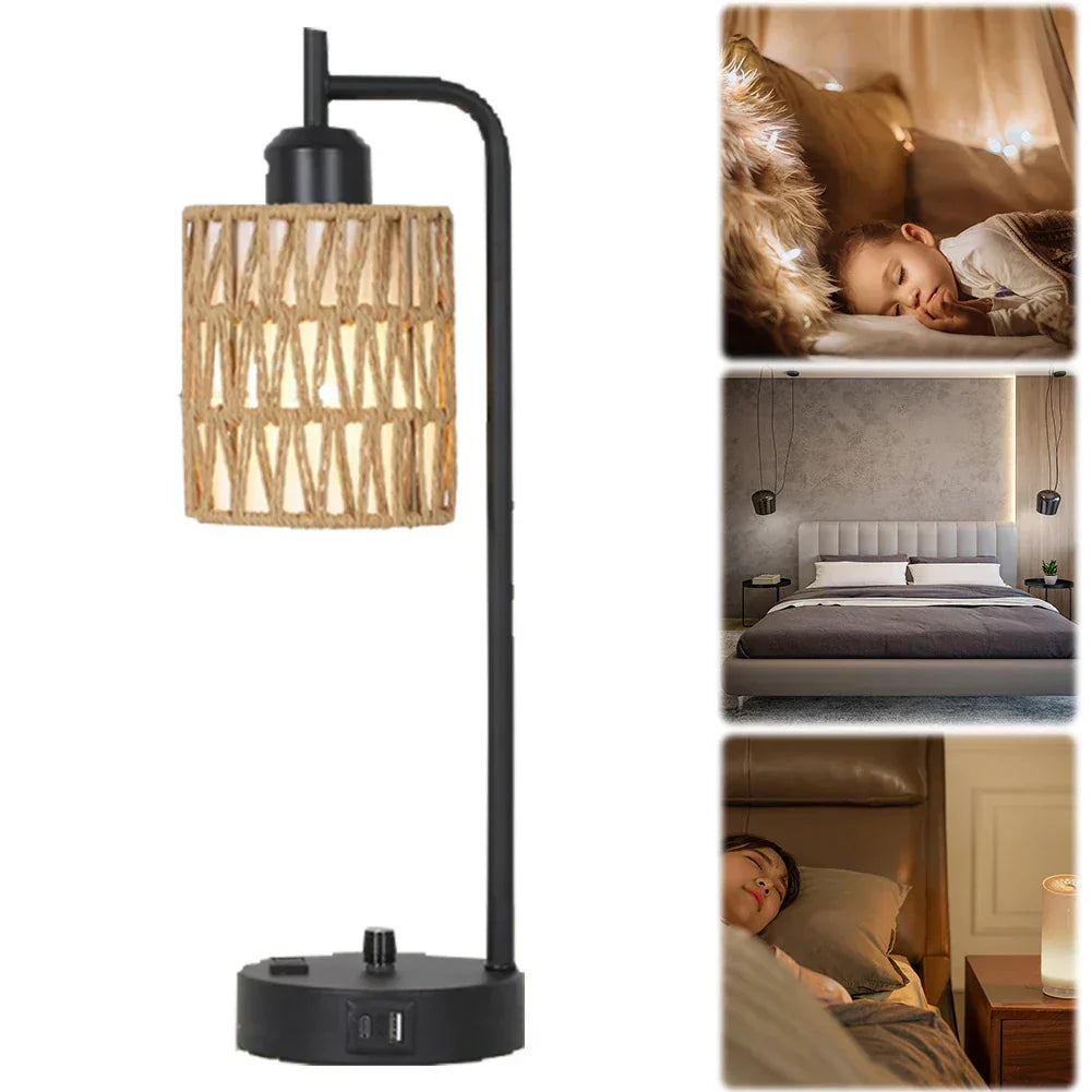 Rattan Table Lamp Dimmable Nightstand Lamp with USB C and USB A Ports Desk Lamp for Living Room Office Reading Desk