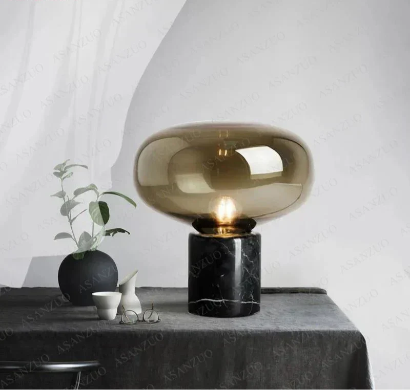 Lampe de chevet champignon marbre noir verre fumé
