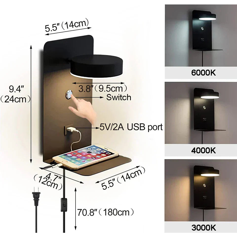 Lampe de Chevet Tactile Murale avec Chargeur de Téléphone