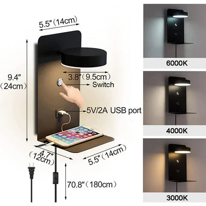 Lampe de Chevet Tactile Murale avec Chargeur de Téléphone
