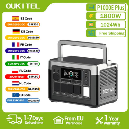 OUKITEL P1000 PLUS Tragbare Powerstation 1800W Solargenerator 1024Wh LiFePO4-Akku Notstromversorgung für Zuhause, Camping und unterwegs