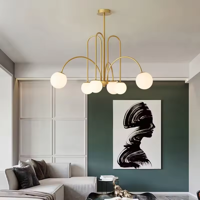 Suspension 6 globes en verre opalin et métal noir – Arclora