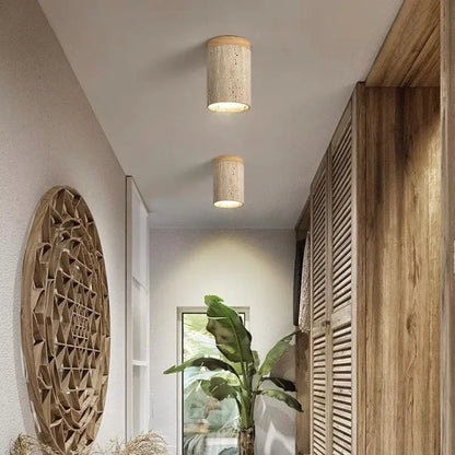 Plafonnier Cylindrique Moderne en Bois et Travertin - Travélis