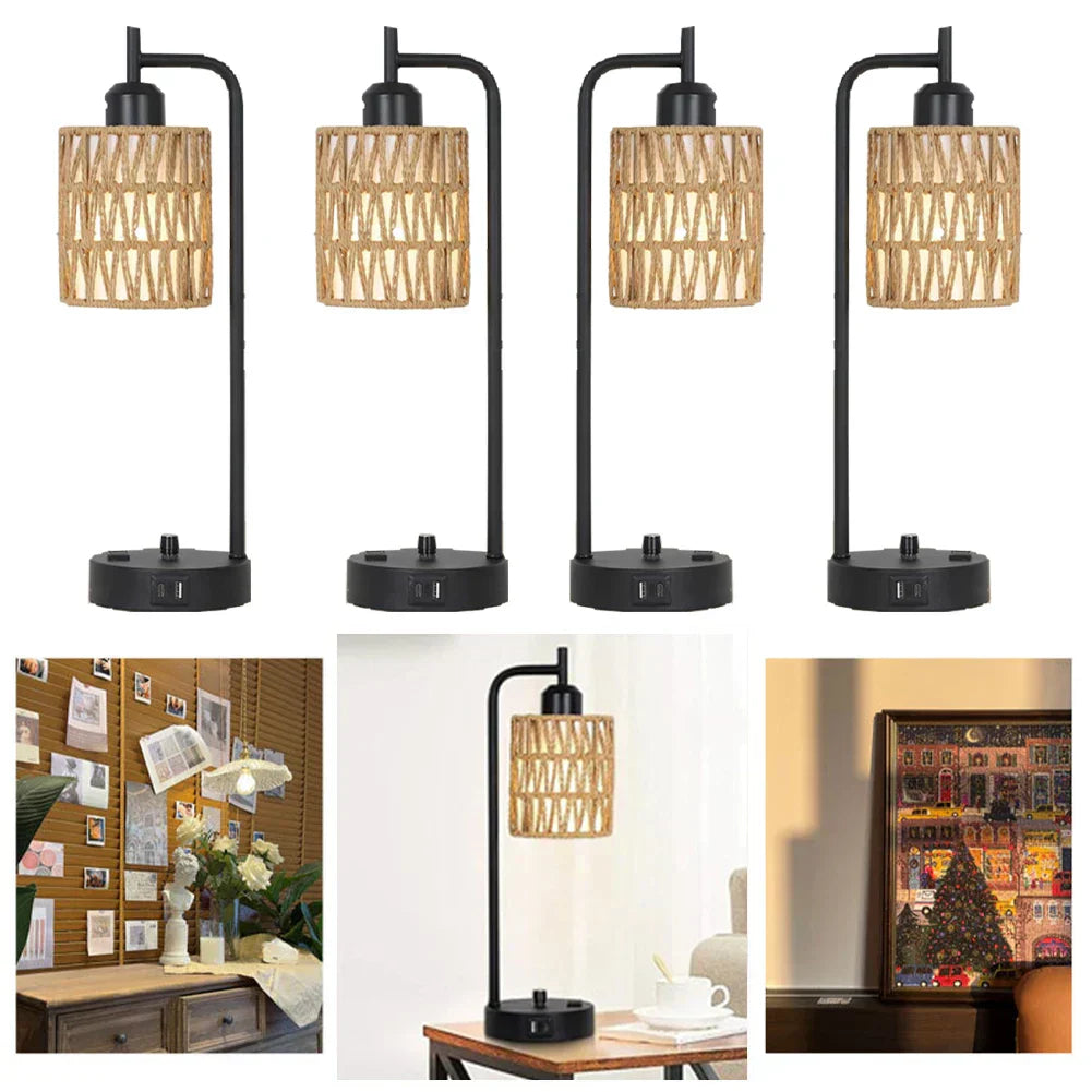 Rattan Table Lamp Dimmable Nightstand Lamp with USB C and USB A Ports Desk Lamp for Living Room Office Reading Desk