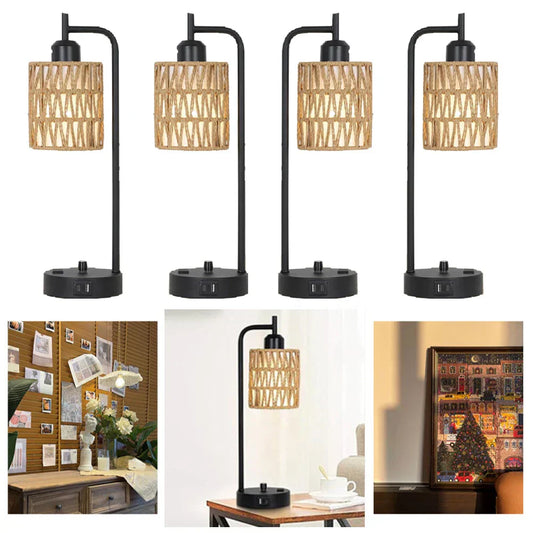 Rattan Table Lamp Dimmable Nightstand Lamp with USB C and USB A Ports Desk Lamp for Living Room Office Reading Desk