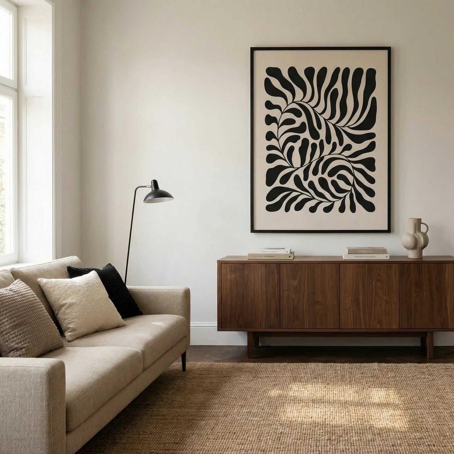 Tableau Abstrait Noir et Beige – Motifs Organiques Contemporains