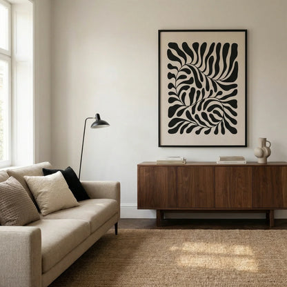 Tableau Abstrait Noir et Beige – Motifs Organiques Contemporains