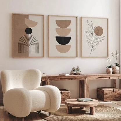 Tableau Géométrique Demi-Cercles Beige et Noir – Minimalisme Graphique et Équilibré