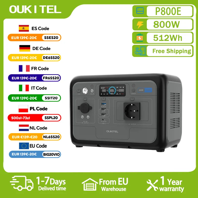 OUKITEL P800E – tragbare Powerstation 800W, Solargenerator LiFePO4 512Wh