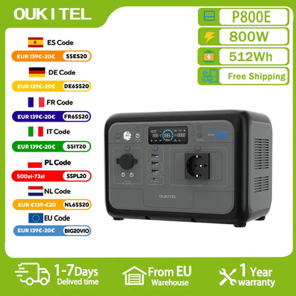 OUKITEL P800E – tragbare Powerstation 800W, Solargenerator LiFePO4 512Wh