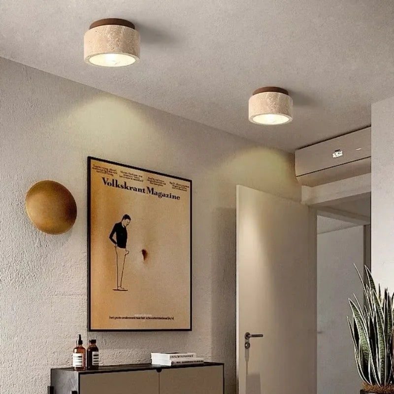 Plafonnier Cylindrique Moderne en Bois et Travertin - Travélis