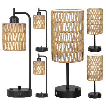 Rattan Table Lamp Dimmable Nightstand Lamp with USB C and USB A Ports Desk Lamp for Living Room Office Reading Desk