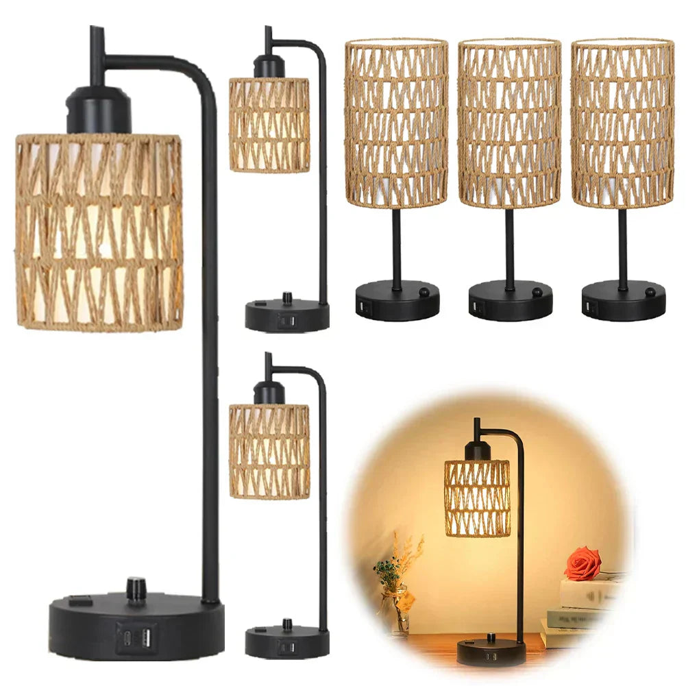 Rattan Table Lamp Dimmable Nightstand Lamp with USB C and USB A Ports Desk Lamp for Living Room Office Reading Desk