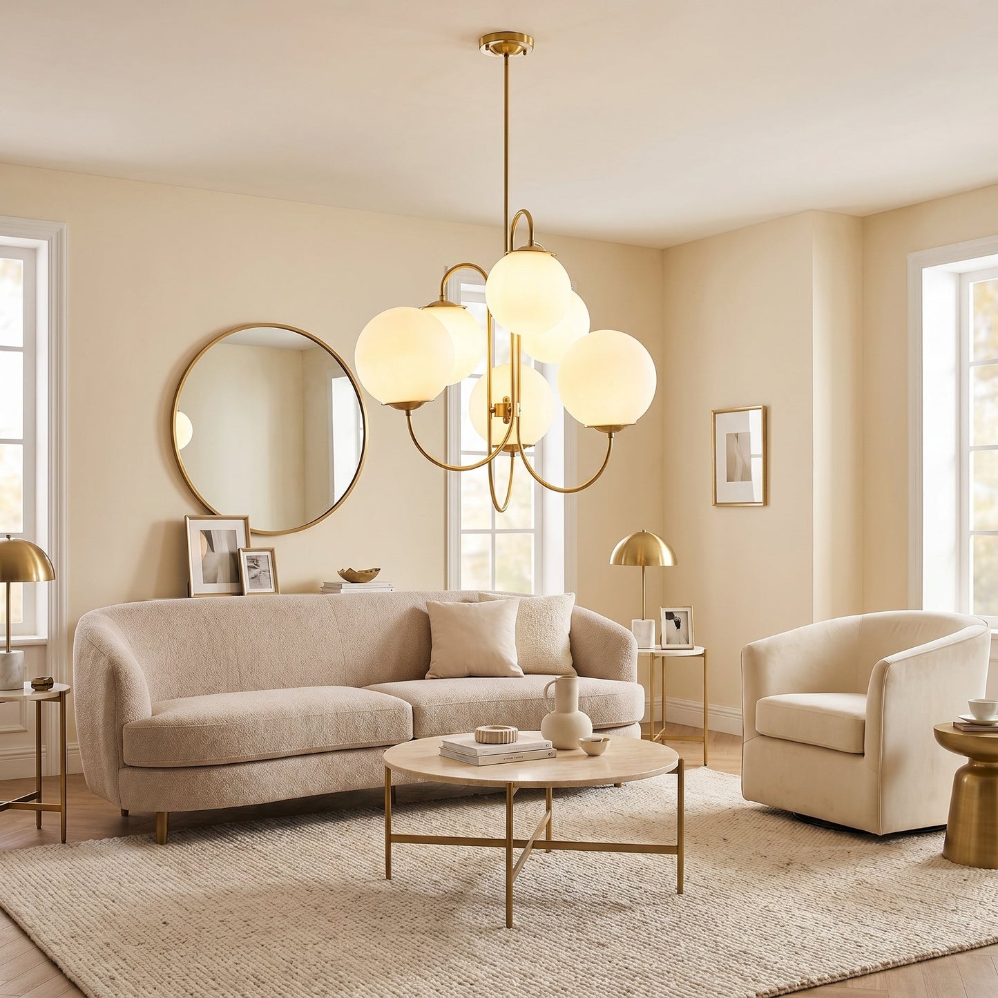 Suspension 6 Globes en Verre Opalin et Métal Doré – Auréora