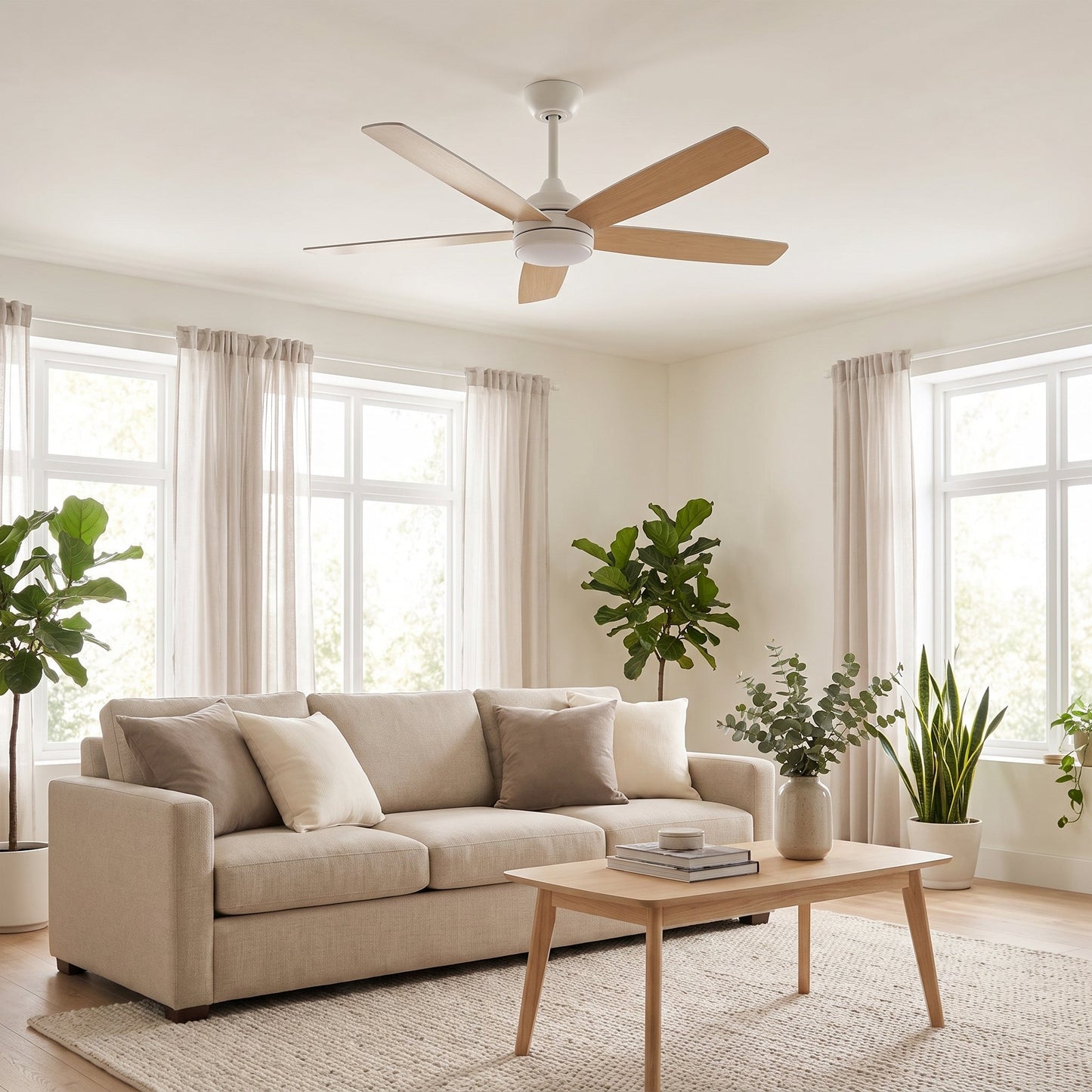 Light Wood LED Ceiling Fan - Modern Natural Finish with Remote