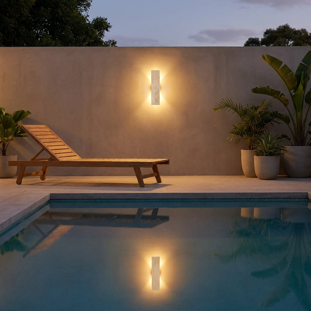 Outdoor Travertine Wall Sconce - Vertical Stone Effect Light