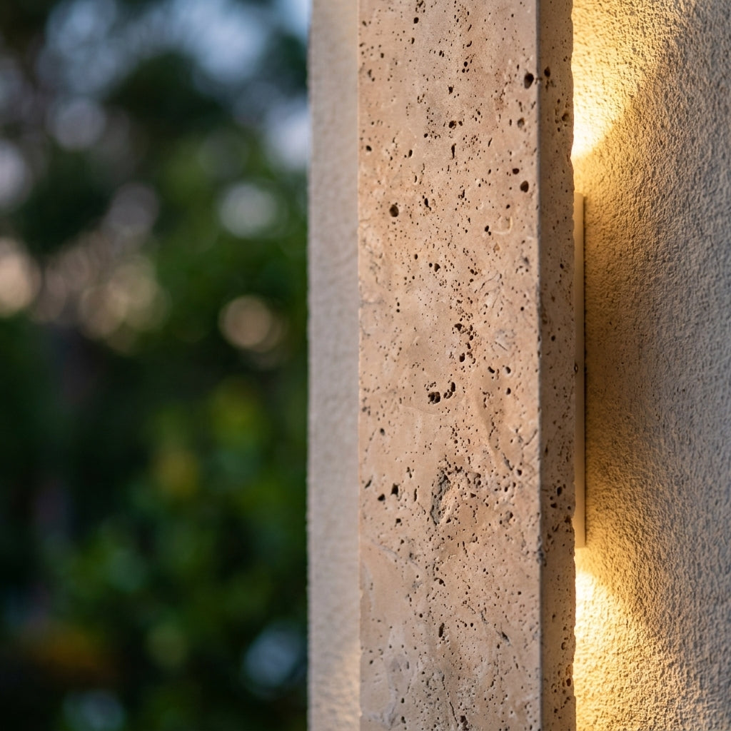 Outdoor Travertine Wall Sconce - Vertical Stone Effect Light