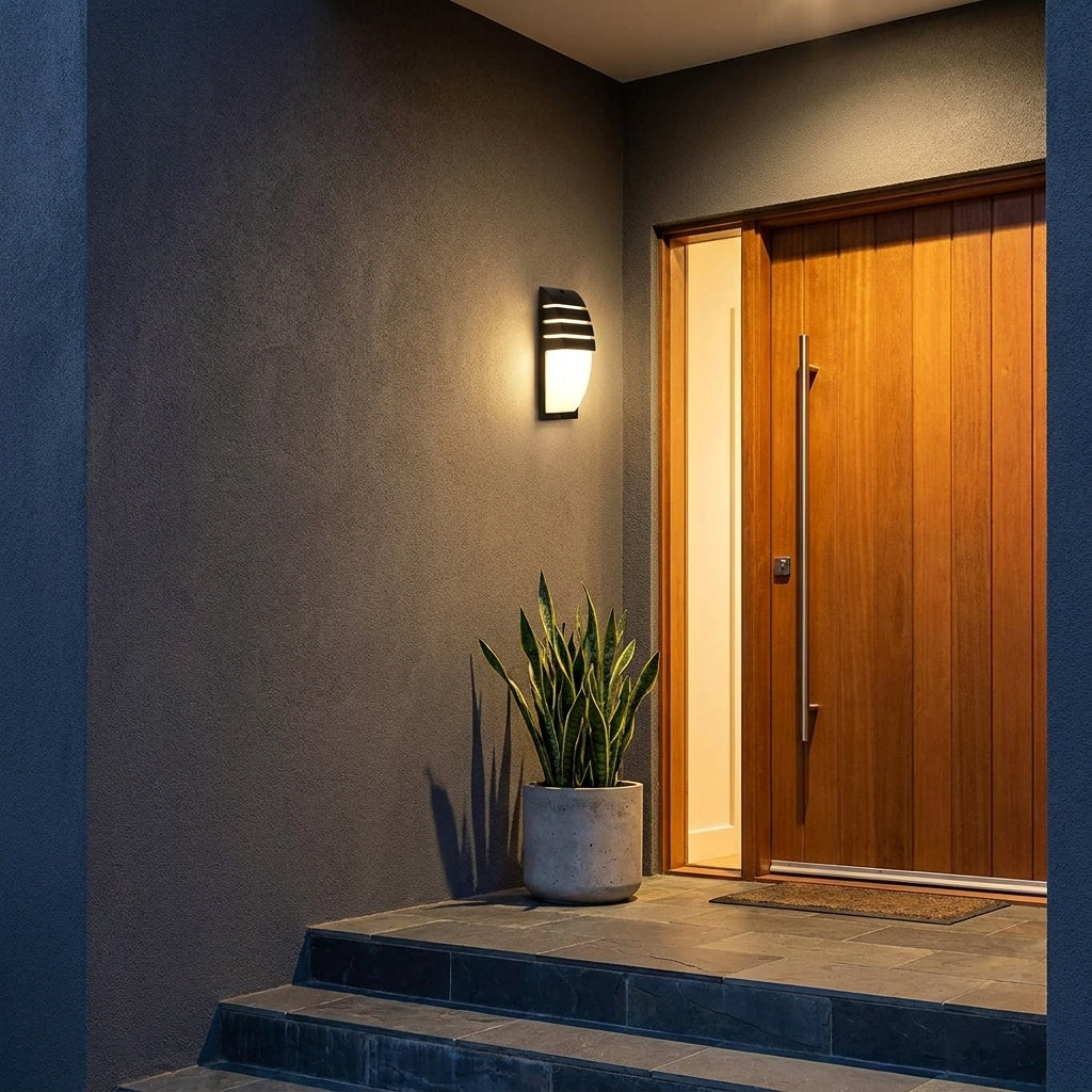 Black Outdoor LED Wall Sconce with Slats - Weatherproof Exterior Light