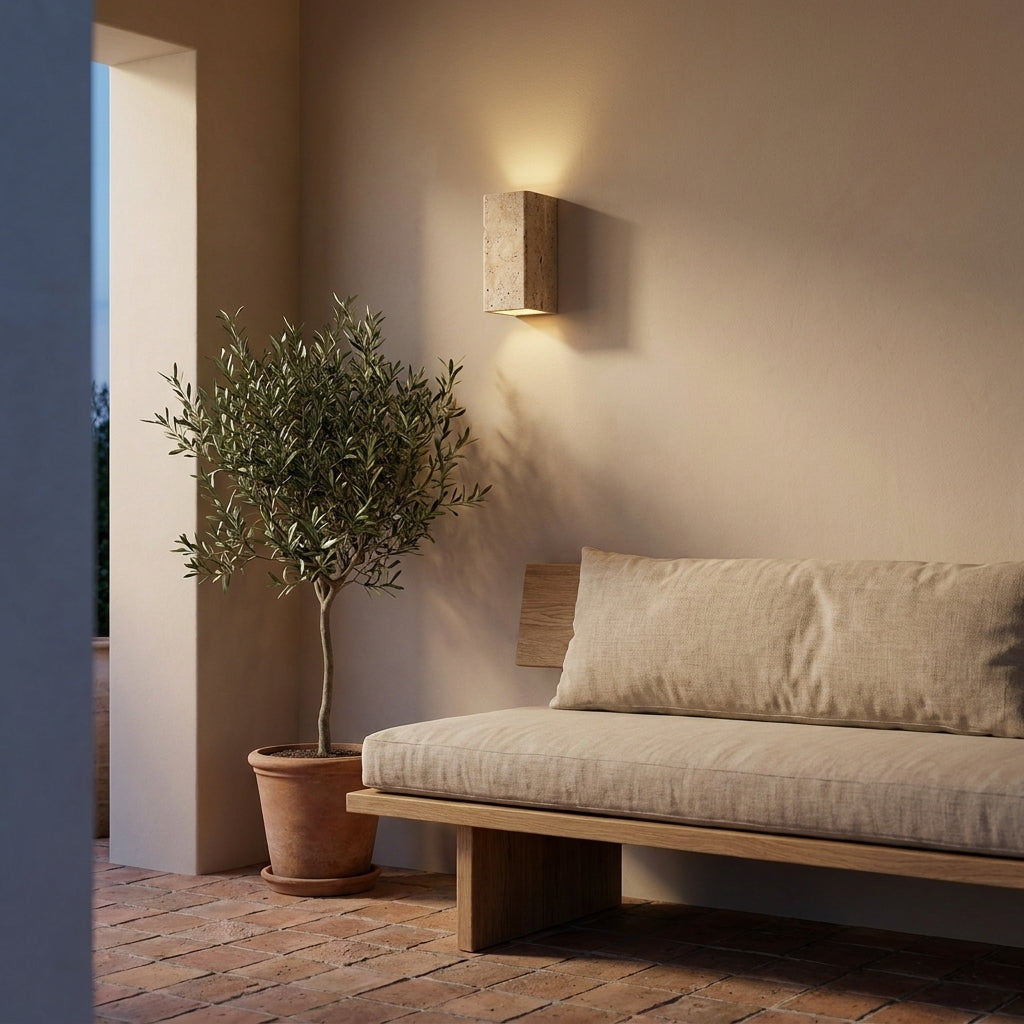 Travertine Effect Wall Sconce Wabi-Sabi Style - Indoor Outdoor Light