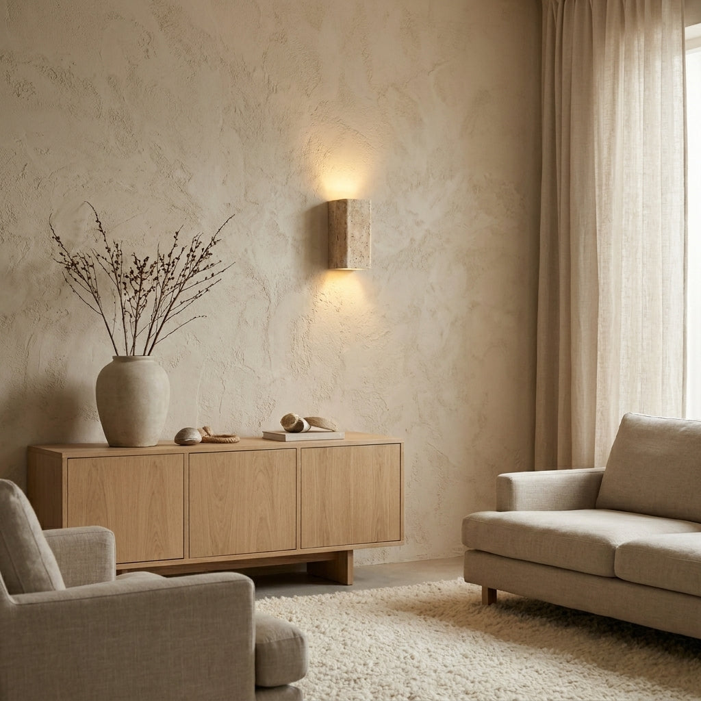 Travertine Effect Wall Sconce Wabi-Sabi Style - Indoor Outdoor Light