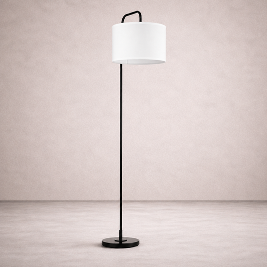 Black Metal Floor Lamp with White Fabric Cylindrical Shade – Linoro