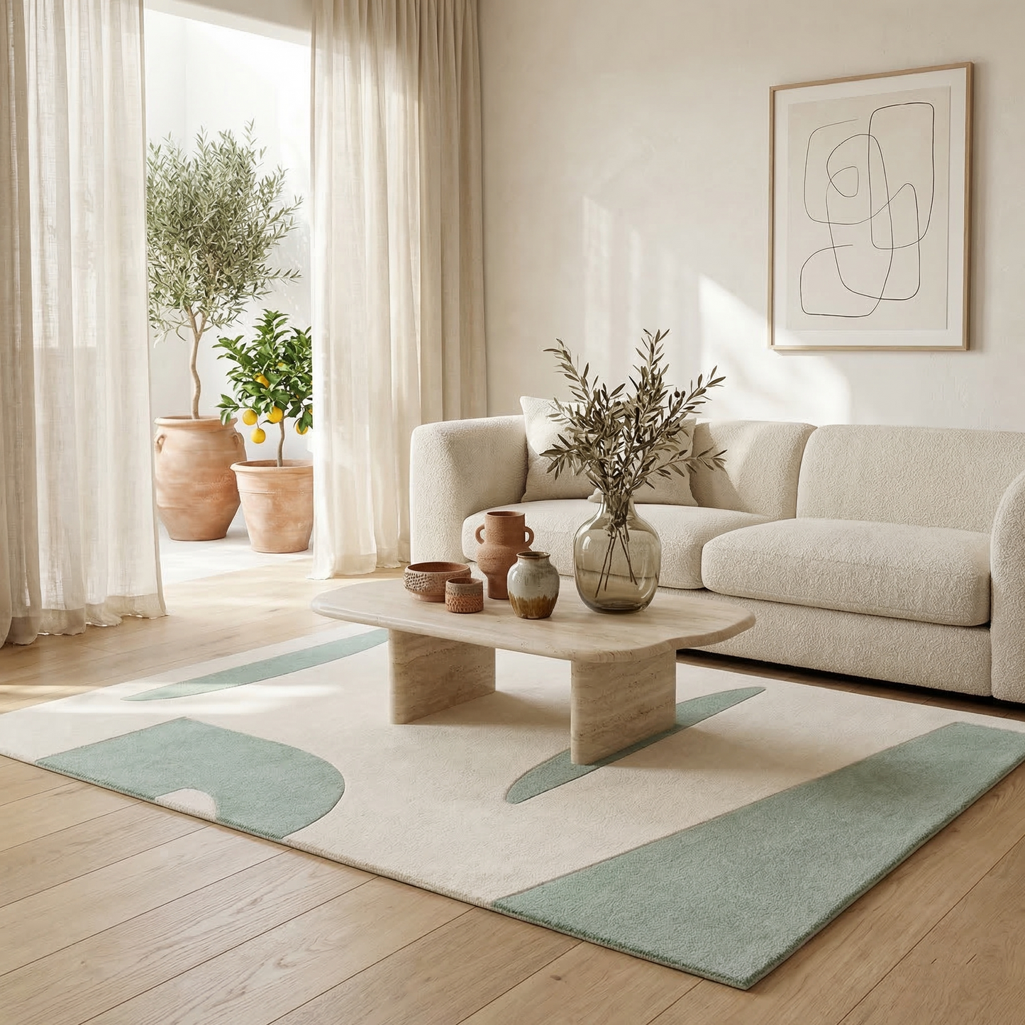 Tapis géométrique vert d’eau et écru – Soreva