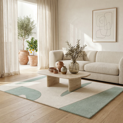 Tapis géométrique vert d’eau et écru – Soreva