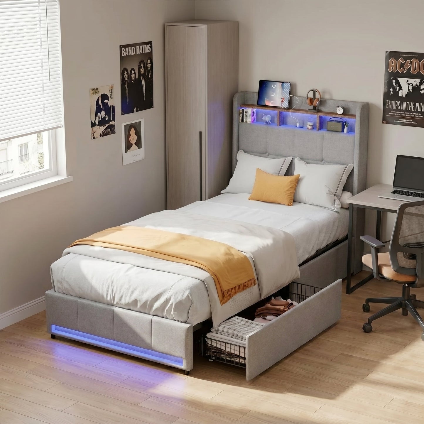 Lit LED avec rangements & étagère Design Flottant – Calyzen
