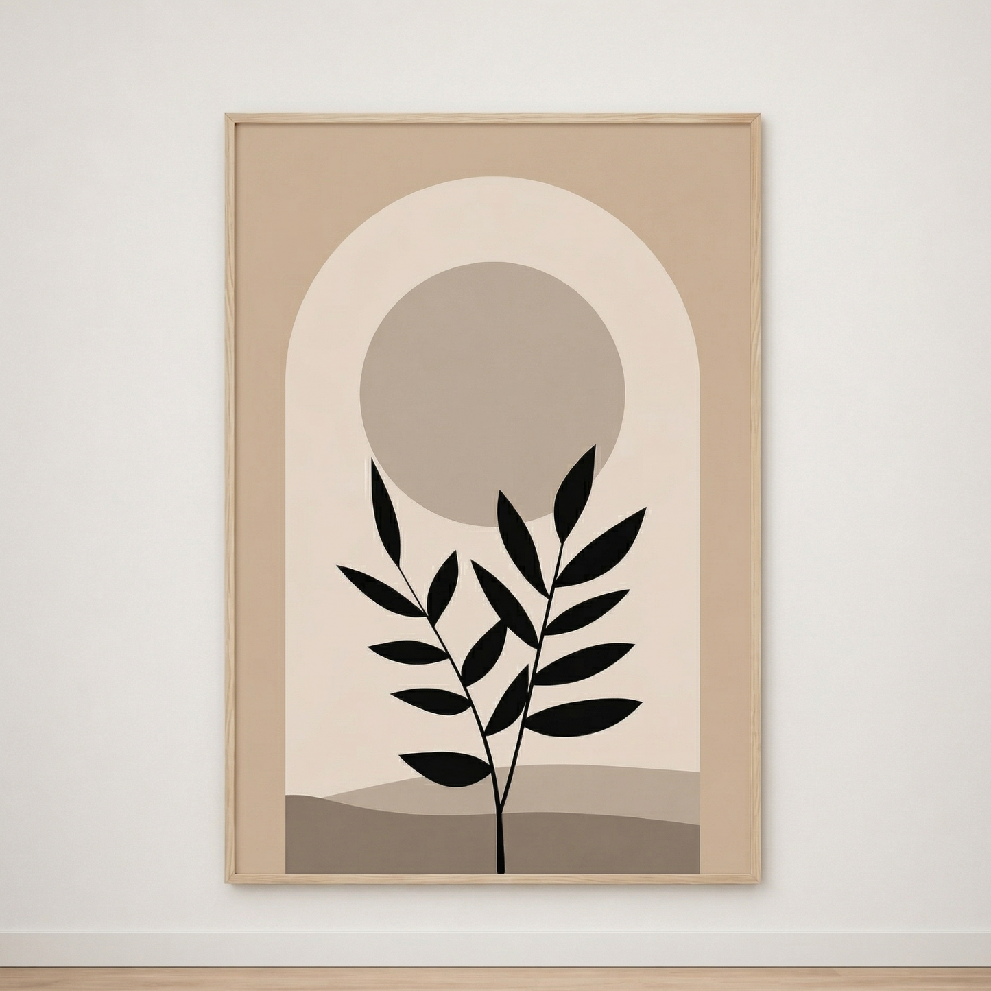 Tableau Feuillage Noir et Arche Beige – Harmonie Naturelle et Minimaliste