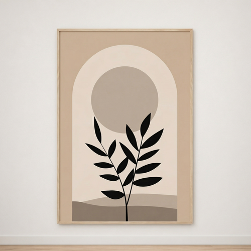 Tableau Feuillage Noir et Arche Beige – Harmonie Naturelle et Minimaliste