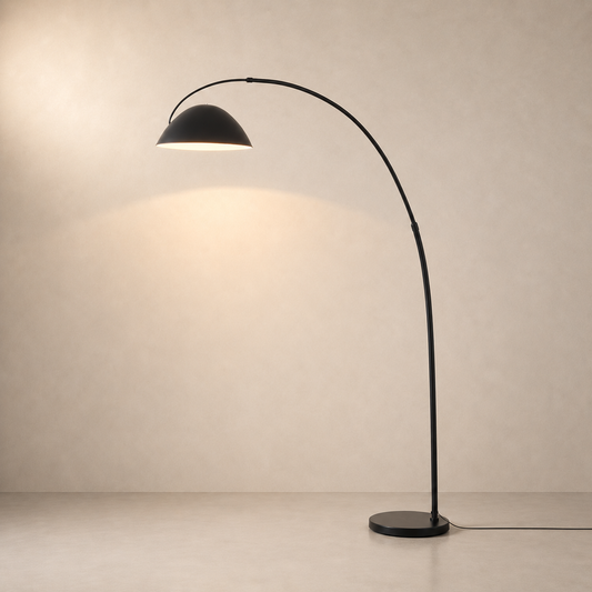 Black metal arc floor lamp with conical shade – Courviro