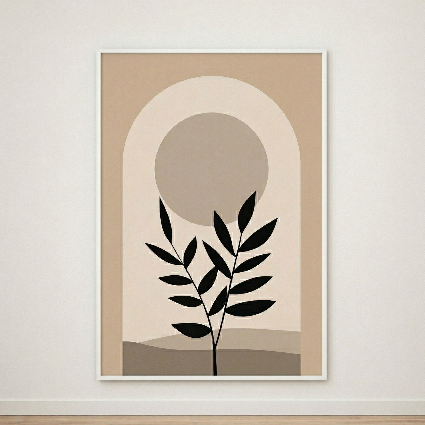 Tableau Feuillage Noir et Arche Beige – Harmonie Naturelle et Minimaliste