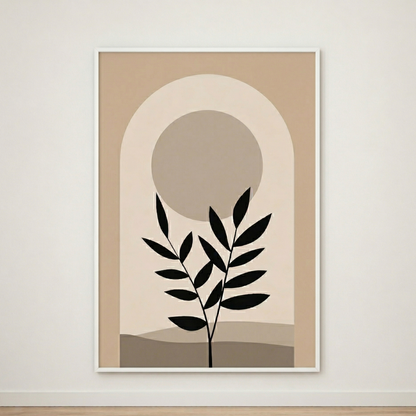 Tableau Feuillage Noir et Arche Beige – Harmonie Naturelle et Minimaliste
