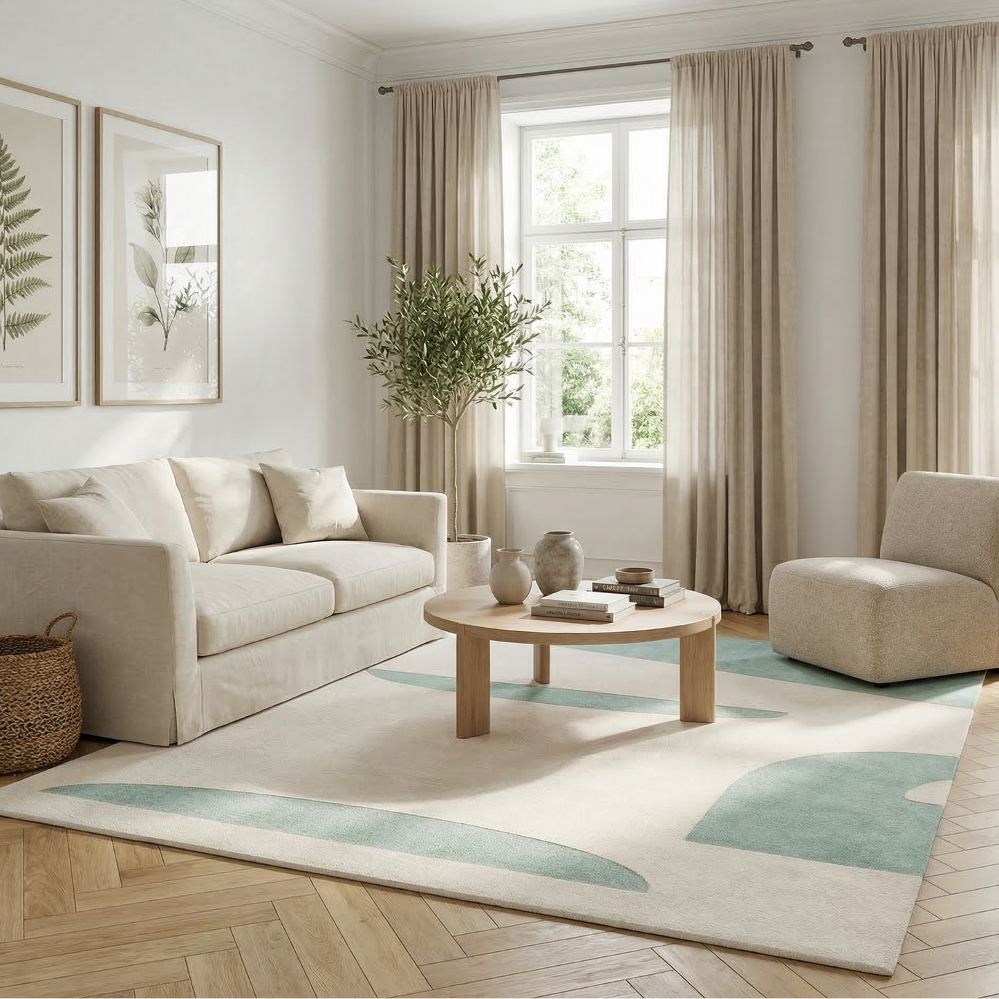 Tapis géométrique vert d’eau et écru – Soreva
