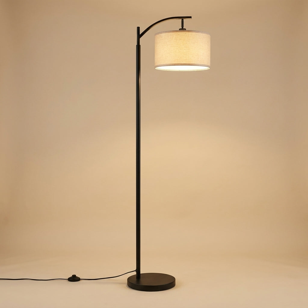 Arched Black Metal Reading Floor Lamp with Beige Linen Shade